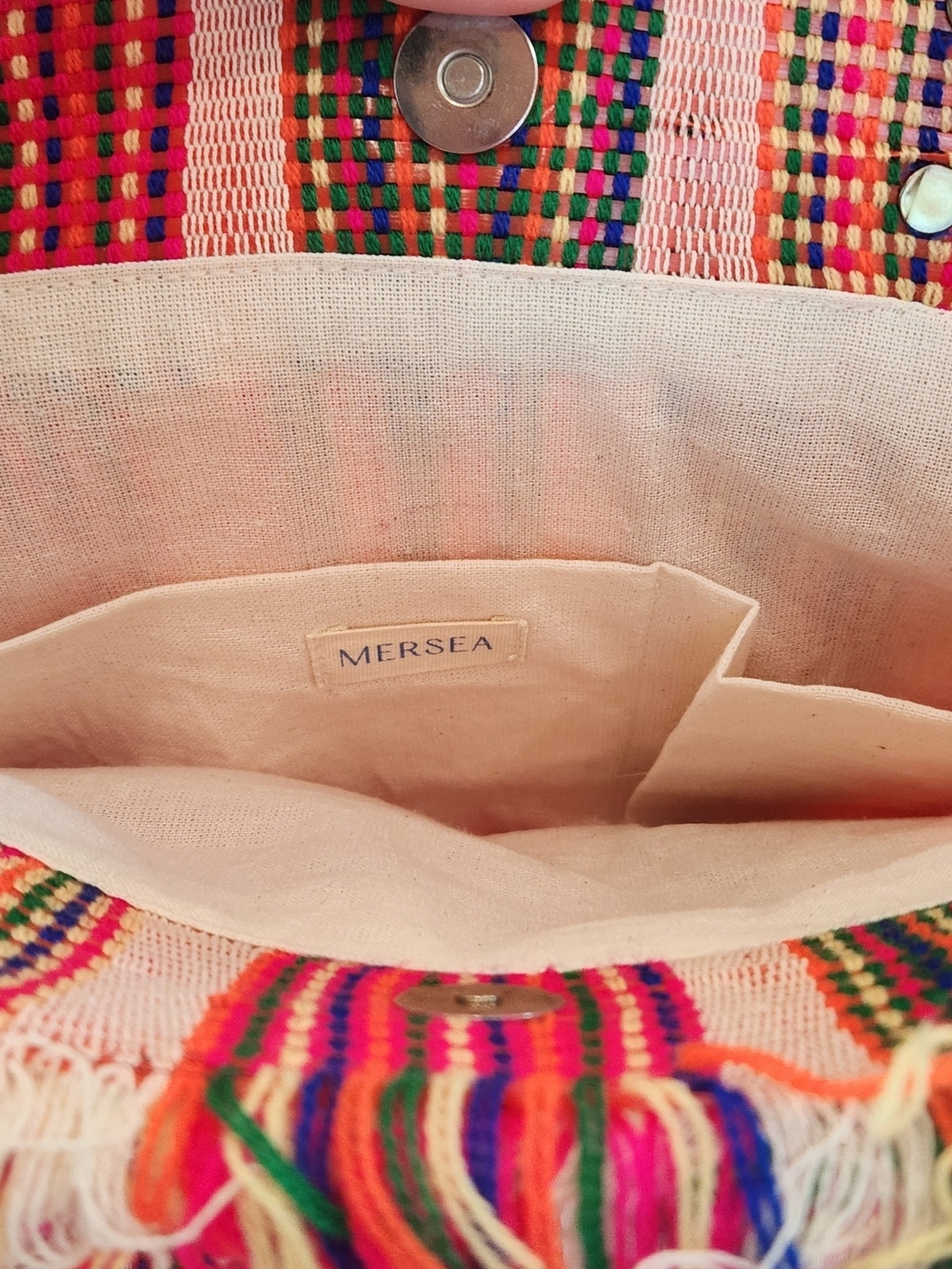 Mersea Red Striped Handwoven Tote with Wooden Handles - Picture 6 of 8